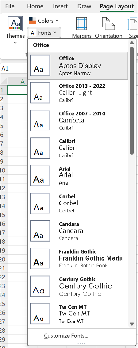 Screenshot that shows the Fonts gallery on Page Layout tab.