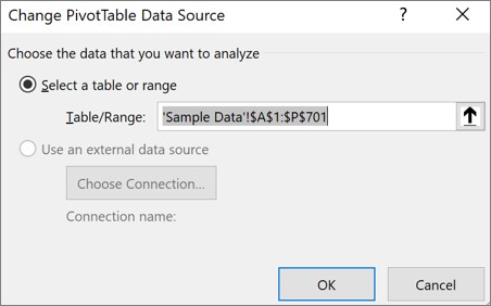 Screenshot that shows the Change PivotTable Data Source dialog box.