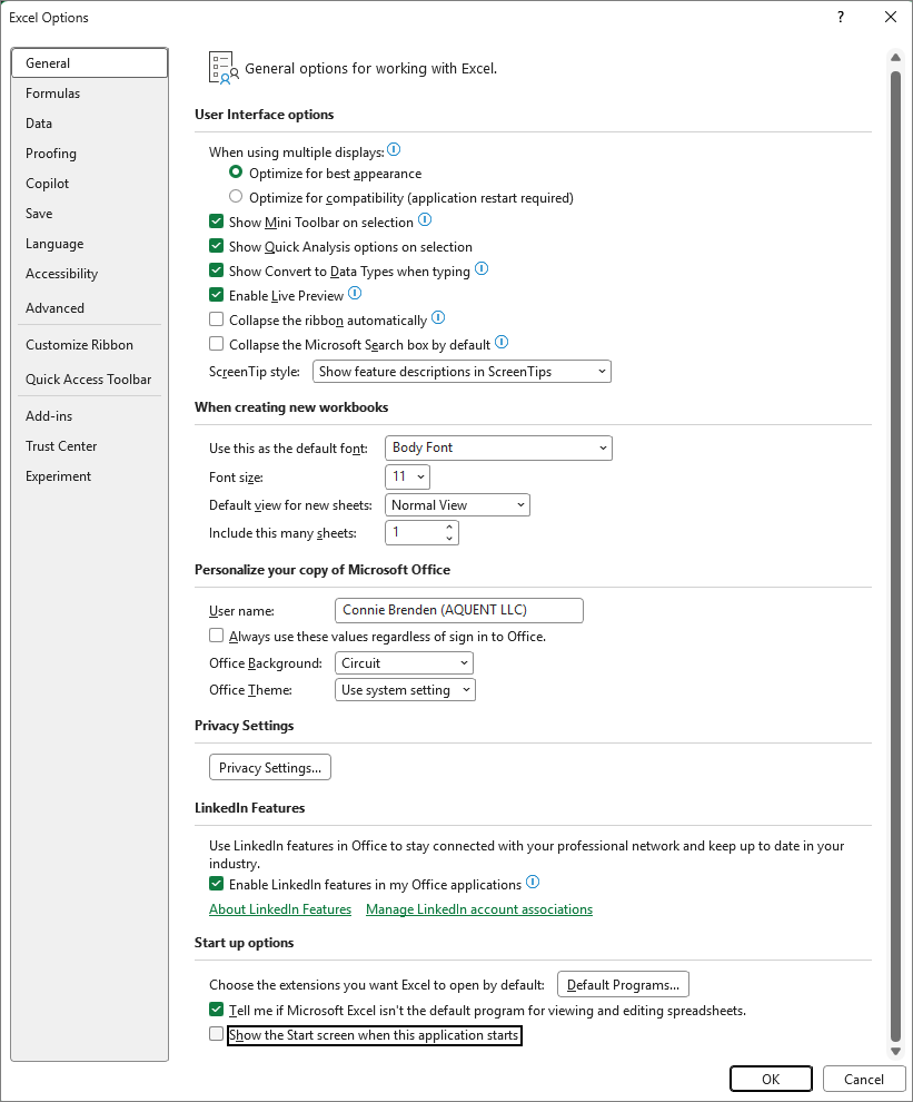 Screenshot that shows the Start up options in the Excel Options dialog box.