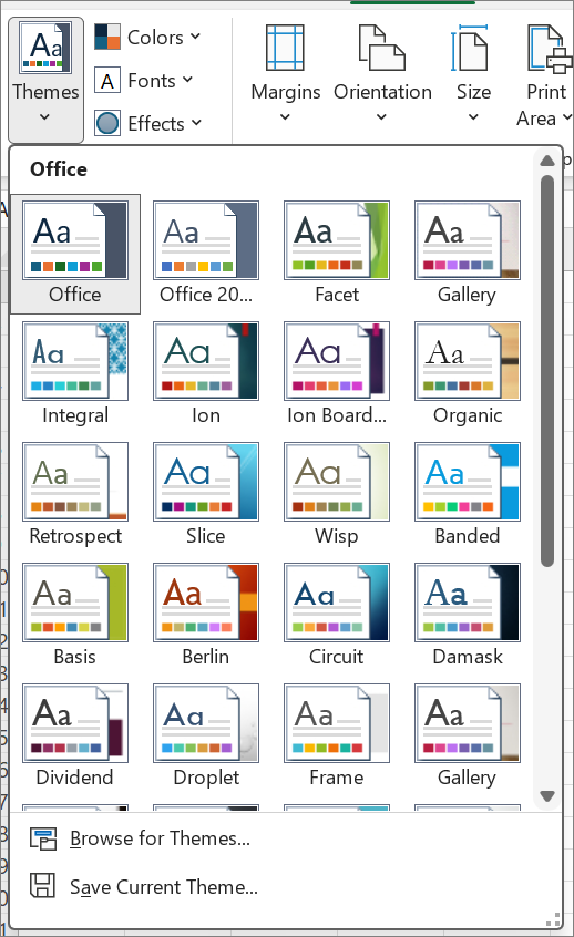 Screenshot that shows the Themes gallery accessed from Themes button.