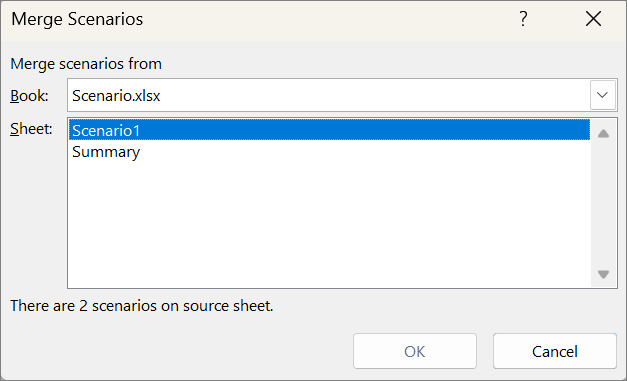 Screenshot that shows the Merge Scenarios dialog.