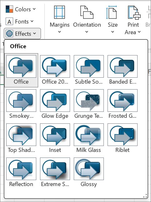 Screenshot that shows the Themes Effects on the Page Layout tab.