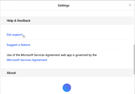 Microsoft To Do web Settings with Get support selected under Help and feedback