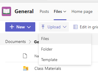 Upload button on the Files tab next to the New menu