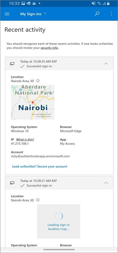 Recent activity page with sign-in details