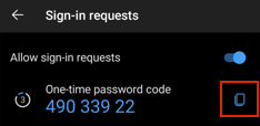 A one-time passcode shown in the Authenticator tab of Outlook mobile