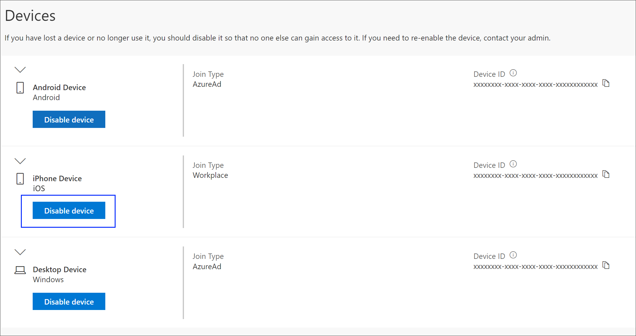 Screenshot of the Device page with highlighted Disable link.