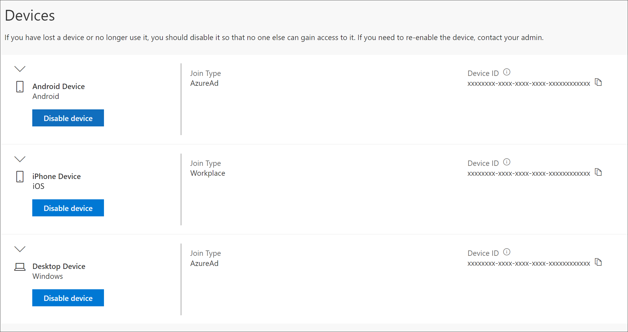 Screenshot of the device page showing connected devices.