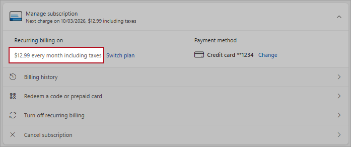 Screenshot showing detail of the switch plan option in recurring billing options.