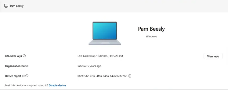 Device page with BitLocker key option