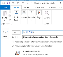 Sharing invitation with Kim Akers in the To box and Allow recipient to view your Contacts folder selected.