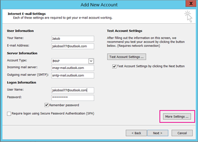 Screenshot of the Internet E-mail Settings dialog with the account and server settings entered.