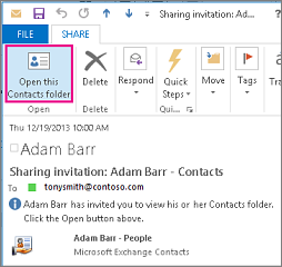 Sharing invitation with Open this Contacts folder for an external recipient.