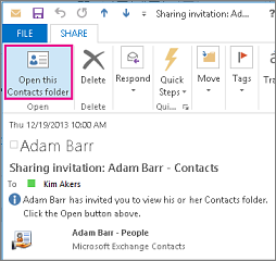Sharing invitation with Open this Contacts folder for an internal recipient.