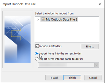 Screenshot of the import options with Import items into the current folder selected.