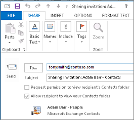 Sharing invitation with tonysmith@contoso.com in the To box and Allow recipient to view your Contacts folder selected.