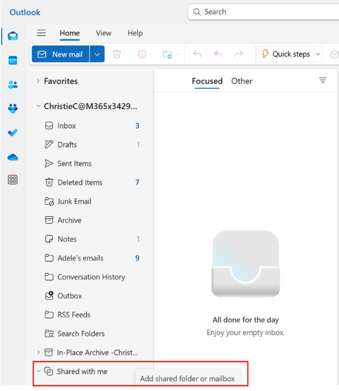 Screenshot of popup in Outlook for adding a shared folder or mailbox