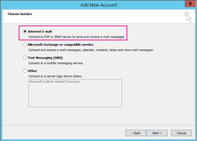 Screenshot of the Choose Service page with Internet E-mail selected.