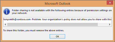 Outlook error stating that the organization's policy does not allow sharing with the external recipient.