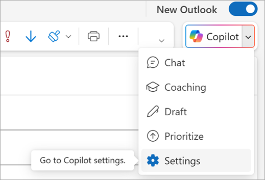 Shows the Settings option in the Copilot menu at the top right of Outlook.