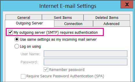 Screenshot of the Outgoing Server tab with My outgoing server requires authentication selected.