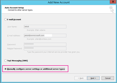 Screenshot of the Add Account dialog with Manually configure server settings or additional service types selected.
