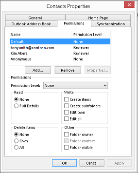 Contacts Properties dialog with the Permissions tab open and Permission level set to None.