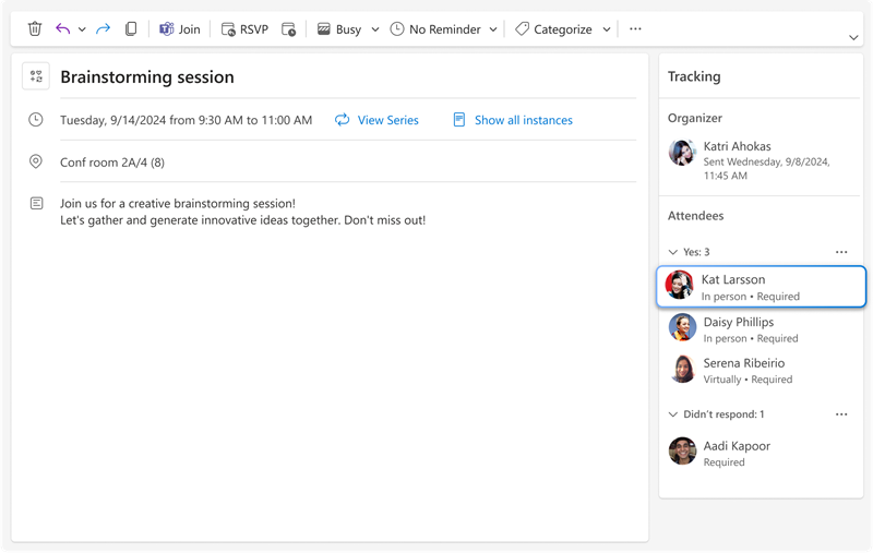 Screenshot of the tracking pane showing each invitee's response and whether they'll attend in person or virtually.