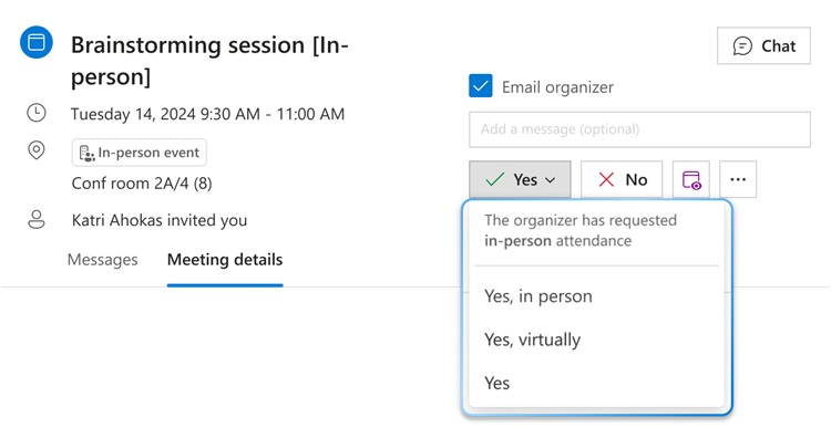 Screenshot of the Yes menu expanded, showing the options Yes, in person; Yes, virtually; and Yes.