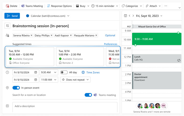 Screenshot of the event form with the in-person toggle selected, showing suggested times when attendees can meet in person.