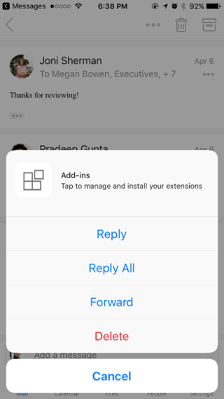 Message action menu with Reply, Reply All, Forward, and Delete.