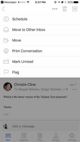 Conversation action menu with Schedule, Move to Other Inbox, Move, Print Conversation, Mark Unread, and Flag.
