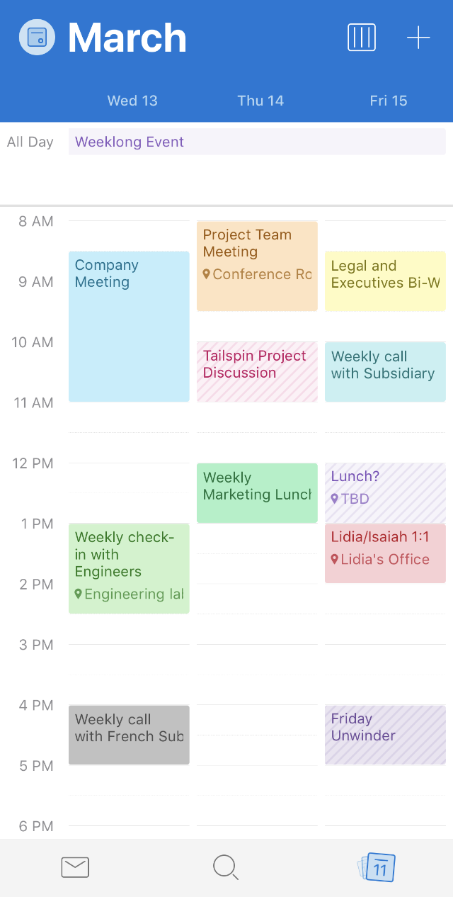 Outlook for iOS calendar week view showing events in multiple category colors.