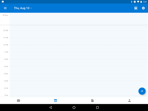 Android tablet calendar day view with Thu, Aug 10 shown in the top-left date selector.