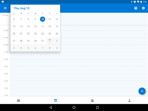 Android tablet calendar with the month date picker open and August 10 selected.