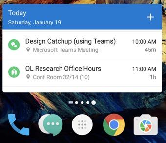 Outlook calendar widget stretched across the width of the Android home screen.