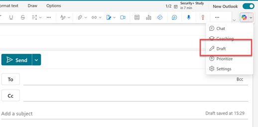 Shows the New Outlook mail page, with a box around the Outlook icon. The icon is the one directly above the empty email.