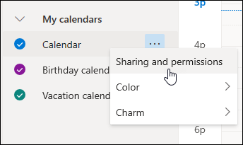 Sharing and permissions option for the selected Calendar.