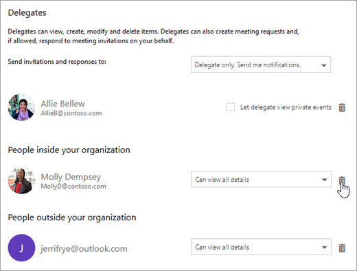 Calendar sharing permissions with delete buttons beside each person.
