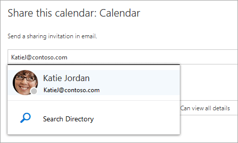 Share this calendar pane with a recipient address and matching directory result.