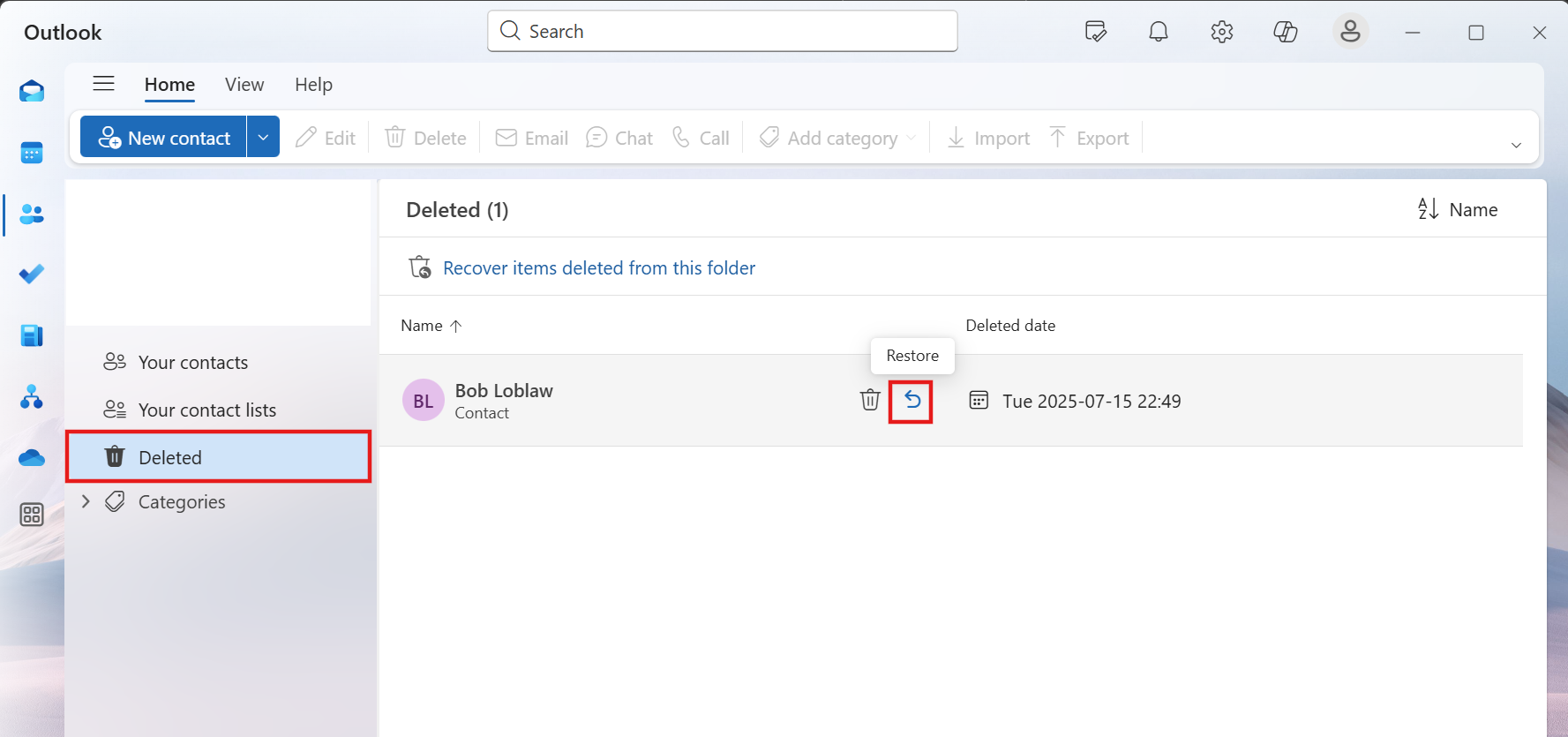 Screenshot of the deleted folder with highlights on the Restore icon