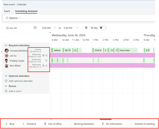 Screenshot shows scheduling assistant in new Outlook to find time for meetings