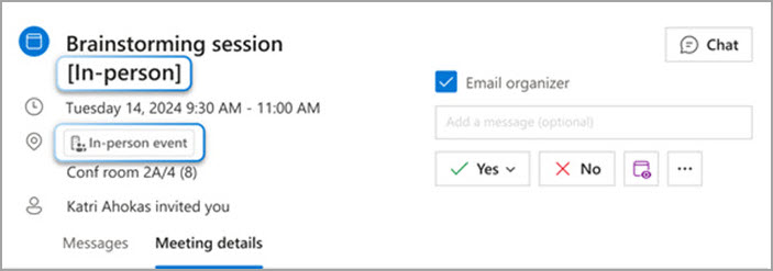 Screenshot of an email meeting invite with the in-person suffix in the title and the in-person label in the body.