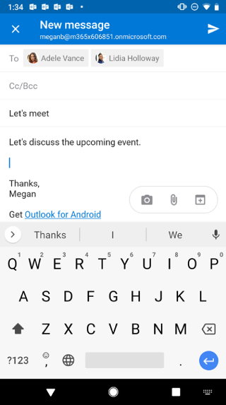 Shows an Android screen with an email draft. Three buttons are below the message: Camera, Attachment, and Calendar.