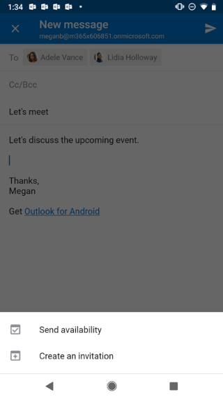 Shows an Android screen with the email draft grayed out, and the "Send availability" button below it.