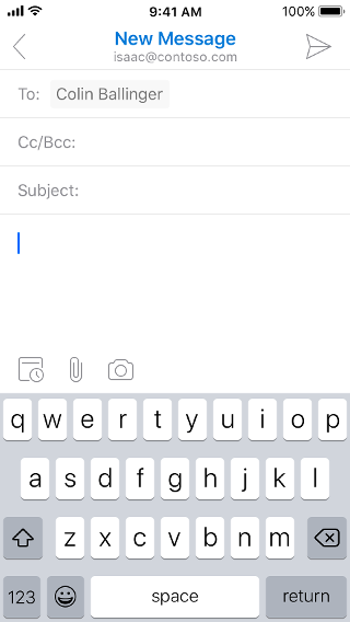 Shows an iOS screen, with an email draft. Below the draft are three buttons: Calendar, Attachment, and Camera.