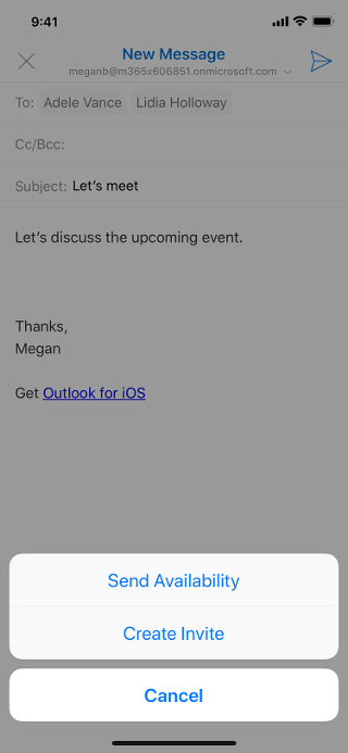 Shows an iOS screen, with a grayed out email draft, and the "Send Availability" button below the draft.