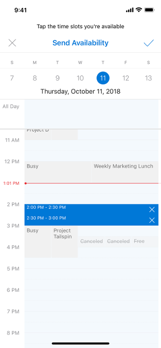 An iOS screen shows a calendar, with "Send Availability" above it. On the right, there’s a checkmark.