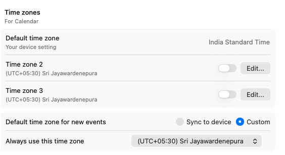 contains the options available under settings for multiple time zones such as time zone 2, time zone 3 and other settings.