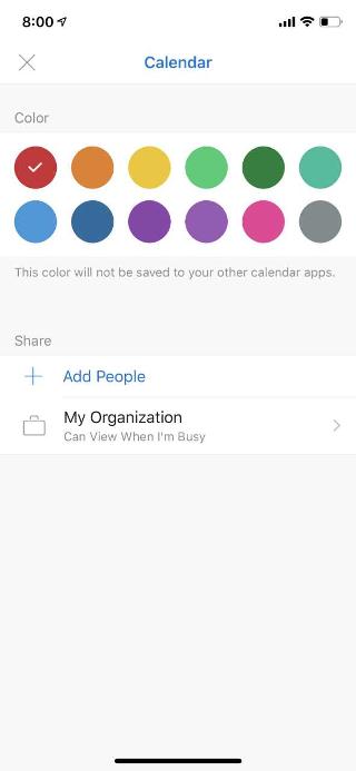 Shows a calendar on a mobile screen. Under the Share section, there's a link that says Add People.